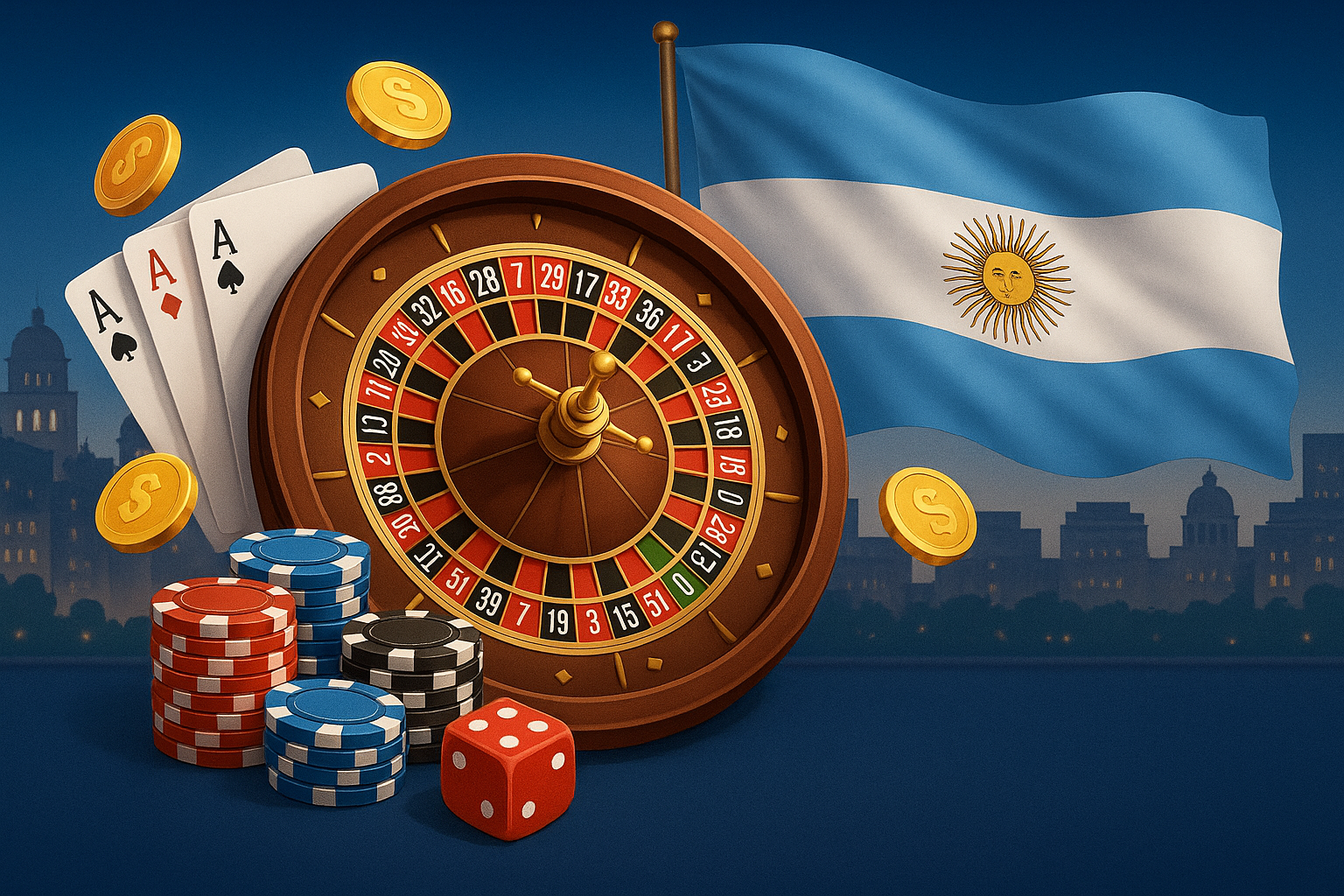Paisaje andino con íconos de casino y mapa de Argentina.